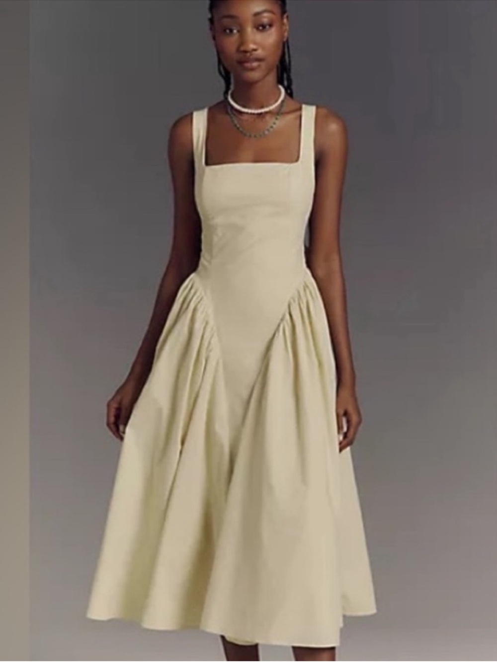 Astr Square-Neck Gathered Midi Dress in Cream - Picture 1 of 2